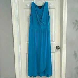 Lands' End Women Maxi Sleeveless Blue V-Neck Faux Wrap Tulip Hem Dress M 10/12